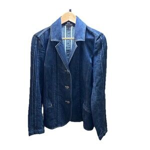 J. Jill Womens Denim Blazer Size 6 Dark Blue Linen Blend Three Button Jacket